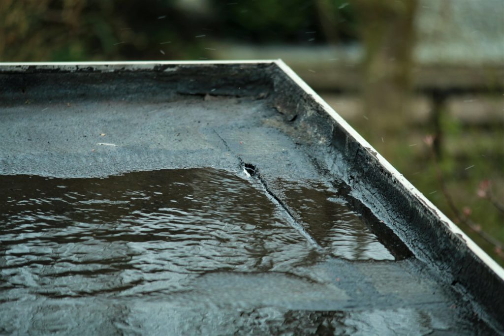 Leaking flat roof from a storm.